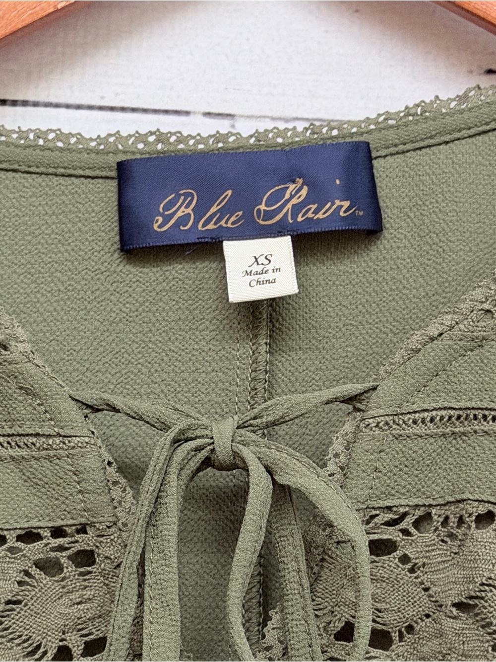 Blue Rain Olive Lace-Yoke Tie Front Peasant Top - Picture 3 of 5